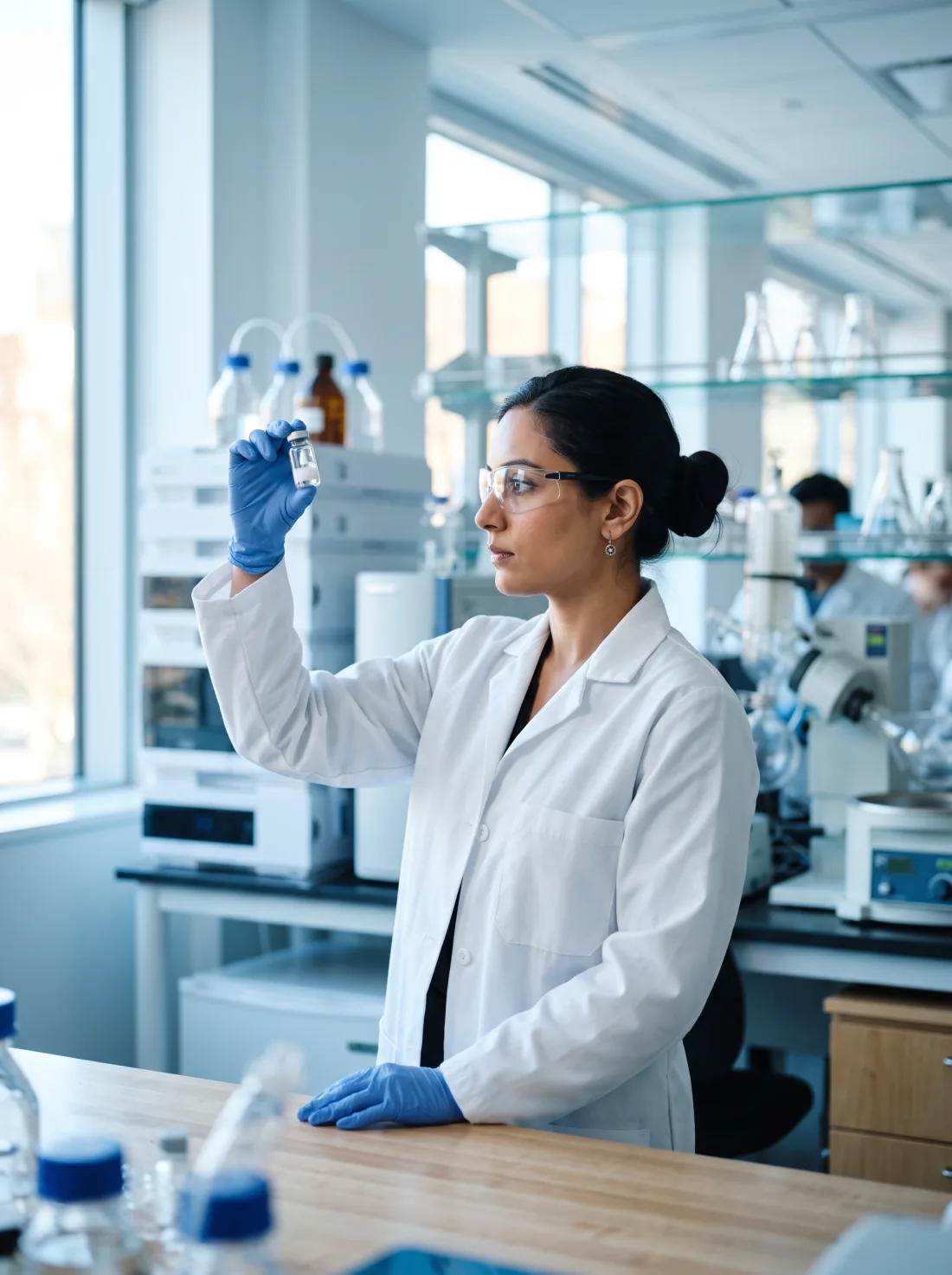 A scientist inspecting a PepBiotics vial