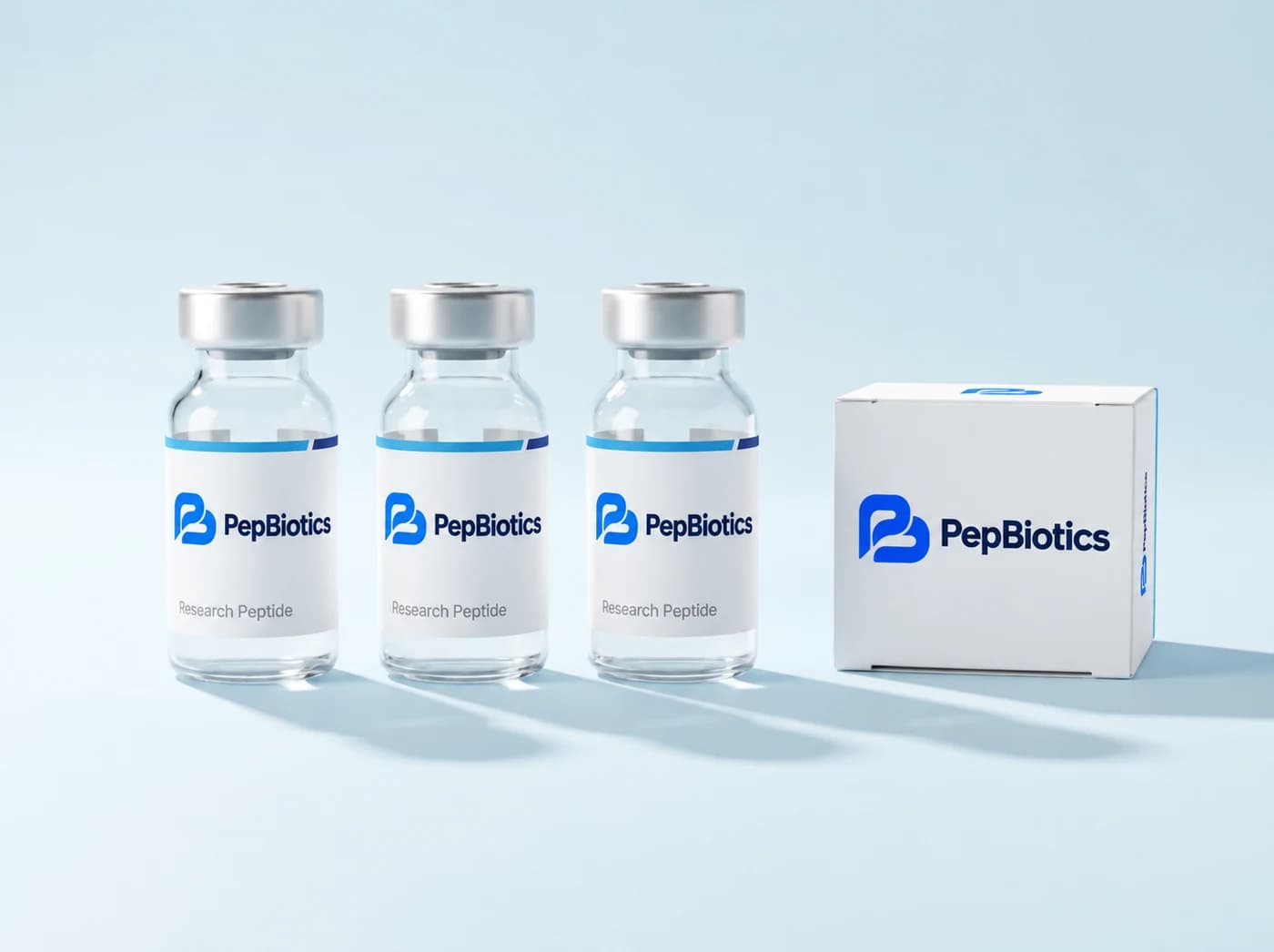 PepBiotics research vial collection with the blue PB identity