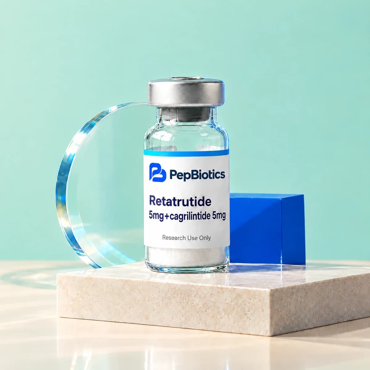 Illustrative PepBiotics Retatrutide 5mg+cagrilintide 5mg mint studio artwork