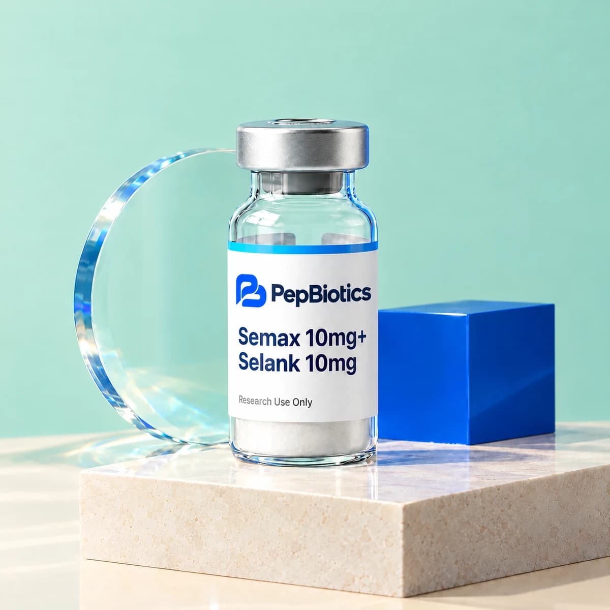 Illustrative PepBiotics Semax 10mg+Selank 10mg mint studio artwork