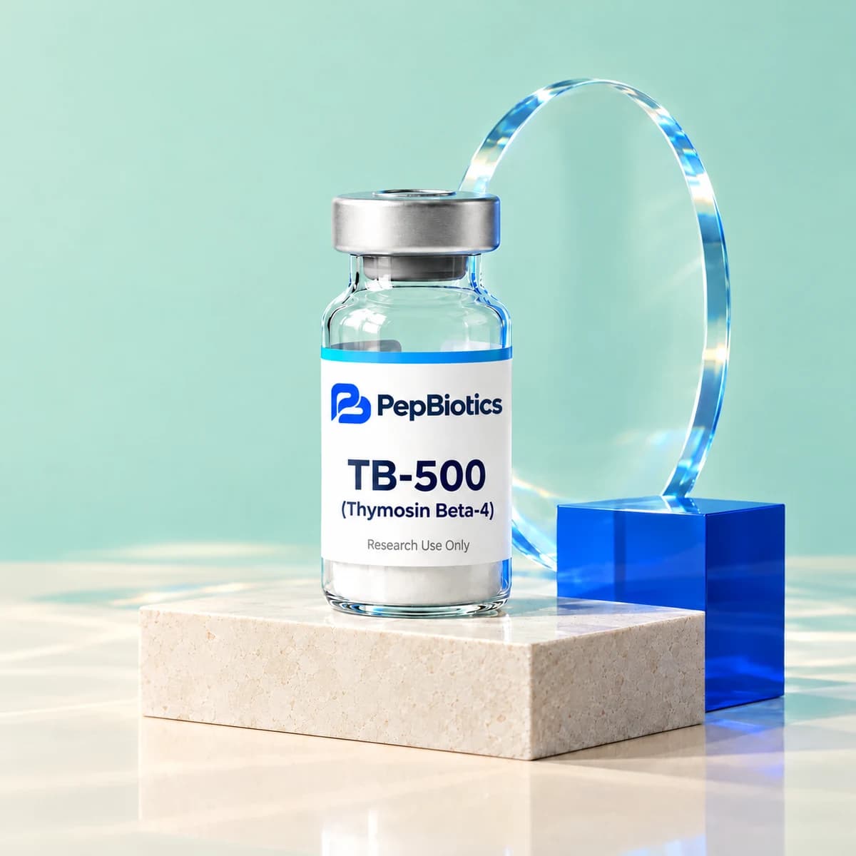 Illustrative PepBiotics TB-500 (Thymosin Beta-4) mint studio artwork